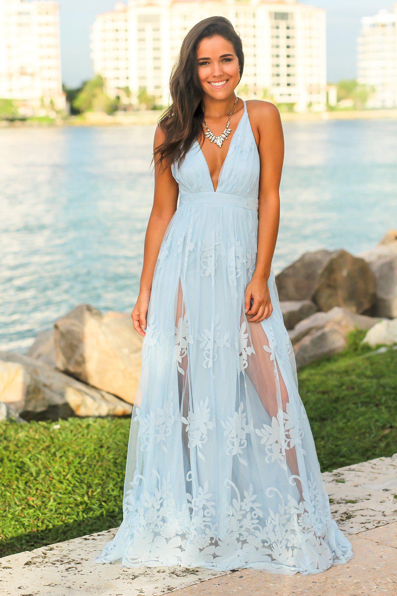 Light Blue Floral Tulle Maxi Dress with ...